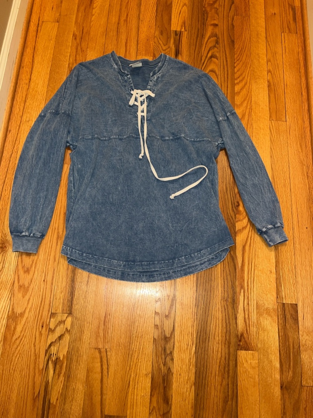 Washed Blue Lace-Up Long Sleeve Tee
